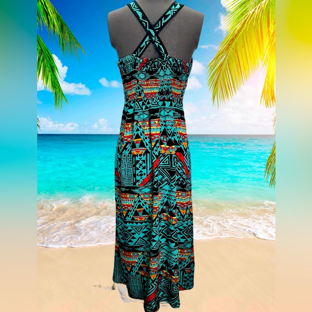 Angie V-Neck Tribal Print Smocked Back Versatile Strap Maxi Sundress Siz… - Picture 3 of 5